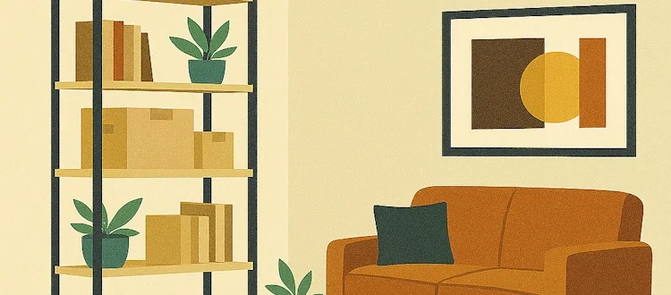 Металлический стеллаж с растениями, книгами и коробками, в уютном интерьере в стиле урбан лофт