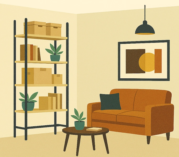 Металлический стеллаж с растениями, книгами и коробками, в уютном интерьере в стиле урбан лофт