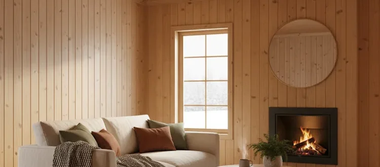 Визуализация уютной комнаты, отделанной строганной доской камерной сушки