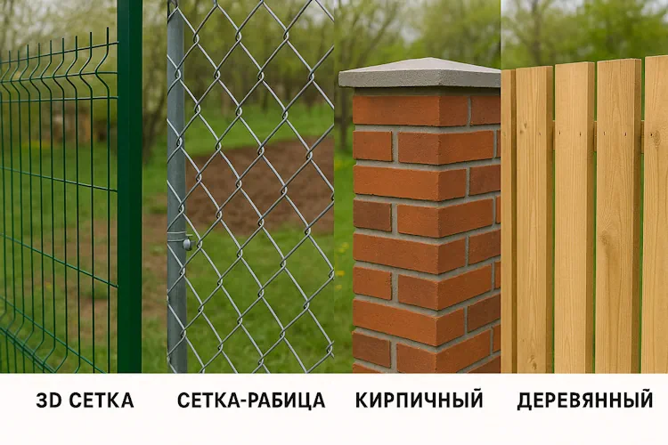 Иллюстрация по теме сравнение заборов из 3d сетки с сеткой рабицей, кирпичным и деревянным забором.