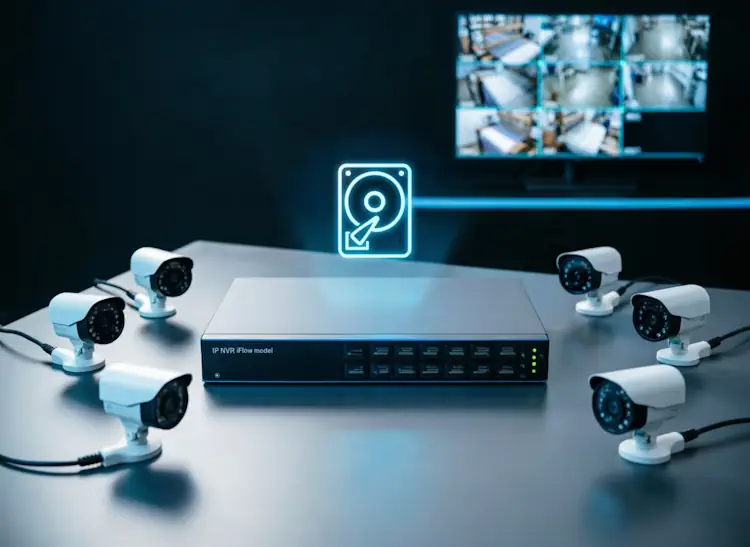 A photorealistic top down shot of a modern 16 channel ip nvr