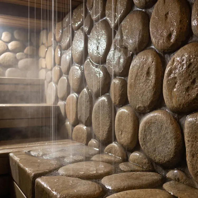 Интерьер современной бани сауны с неровной каменной стеной и мягким светом