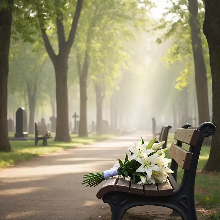 Пейзаж раннего утра в мемориальном парке с солнечными лучами и букетом белых лилий на скамейке